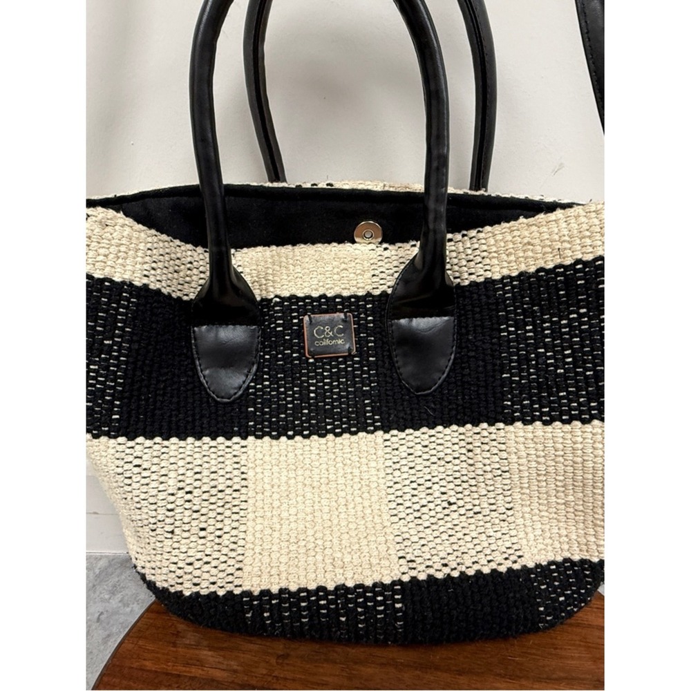 C&C California Black and Cream Striped Woven Tote with Adjustable Shoulder Strap - Picture 7 of 11